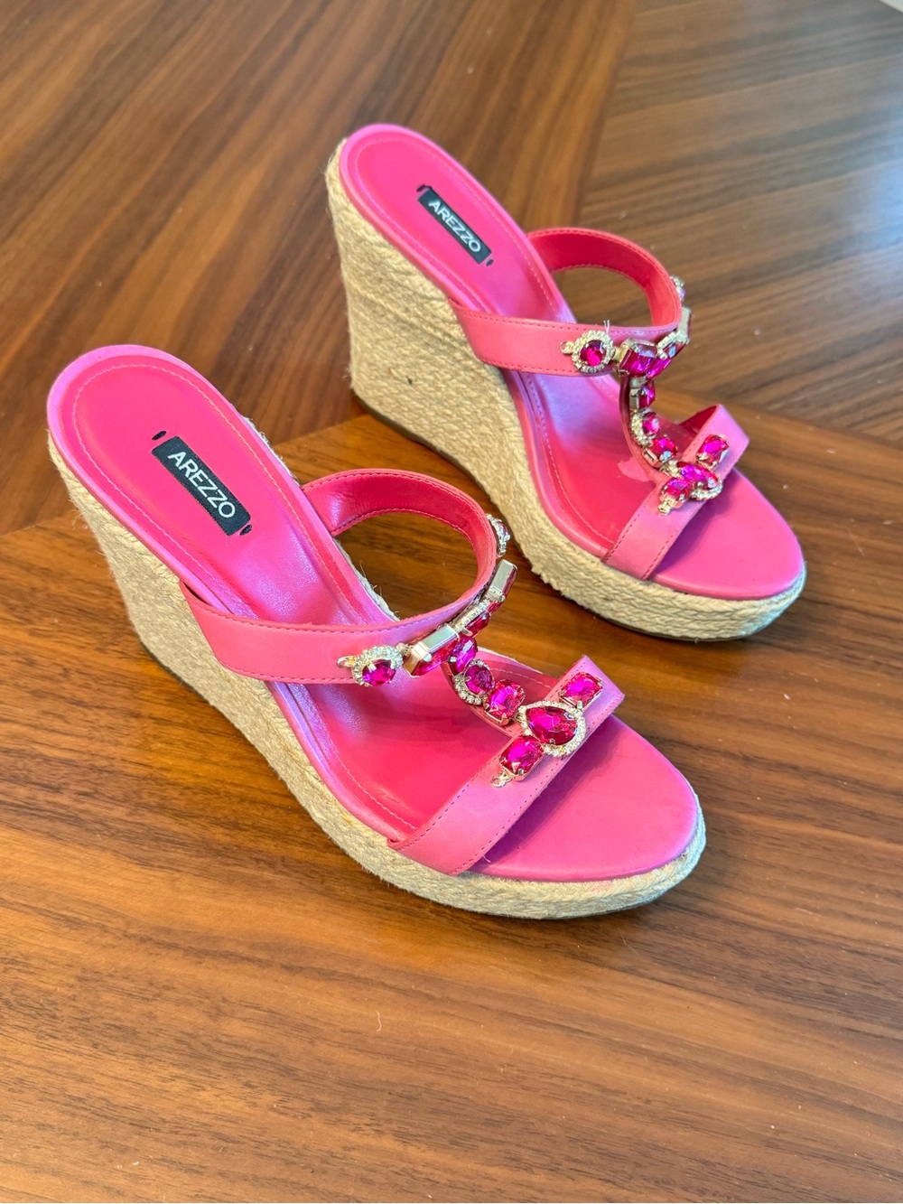 Arezzo Pink Leather Jeweled Espadrille Wedge Sandals Crystal Platform Size 9US - Picture 2 of 13